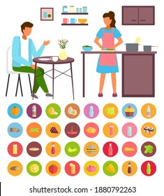 Woman cooking at kitchen, cutting salad. Young guy talking with girl. Family spend time at kitchen. Collection of different types of food, drinks, fresh fruits, vegetables, pizza, burger, sweets