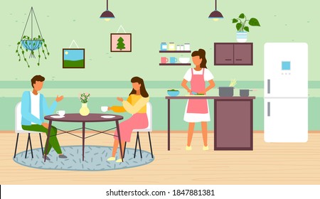 Woman cooking at kitchen. Female preparing food at home. Young people drinking coffee or tea sitting at table and communicating. Family spend time at kitchen, dinner, lunch, breakfast concept