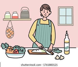 Una mujer está cocinando en la cocina. ilustraciones de diseño vectorial de estilo dibujado a mano. 