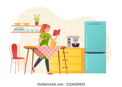 Las mujeres cocinan en la cocina en la escena de la gente de concepto plano en casa. Feliz niña mezclando masa para el postre en la mesa cerca de la nevera. El chef prepara pasteles caseros. Ilustración vectorial para el diseño de banners web