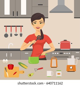 Woman cooking at kitchen. Housewife vector flat design illustration