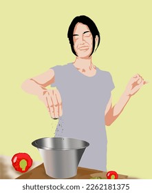 woman cooking in the kitchen on a pale yellow background
