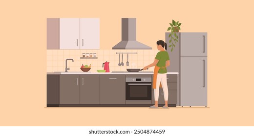 Mujer que cocina en la cocina, ella está freyendo la comida en una sartén, comida saludable y concepto de estilo de vida