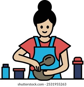 A woman is cooking in a kitchen. She is wearing a blue apron and a red shirt. She is smiling as she stirs a pot with a spoon