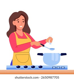 Woman cooking in kitchen. Vector flat cartoon illustration. Female with pot near stove. Design elements for food blogs, recipe books, culinary websites, meal planning apps or home cooking promotions