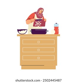 Woman cooking in kitchen. Vector illustration of a Muslim woman wearing a hijab, chopping vegetables, and preparing food. Kitchen counter with utensils and ingredients.