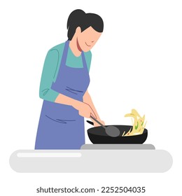 woman cooking in the kitchen. women wear aprons. mother cooks in the pan. hobby, food, breakfast, dinner concept. vector illustration in flat style.