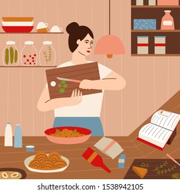 Woman cooking in kitchen. Young adorable woman looking at book with recipes and cooking. Flat vector illustration.