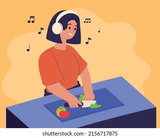 woman cooking and listening music, concept