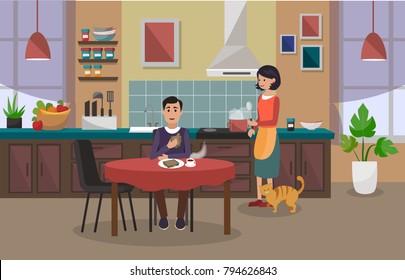 The woman is cooking, and the man is having lunch. Kitchen interior. Vector illustration.