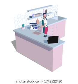 Woman is cooking with mixer at the kitchen. She learning to cook, watching tutorials at the laptop. Trendy Scandinavian interior. Women’s hobby concept. Vector illustration.