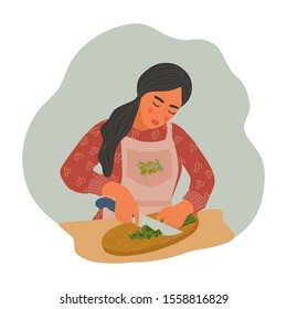 Woman is cooking natural healthy food. Girl in an apron cuts greens into salad. Flat cartoon vector illustration on white background.