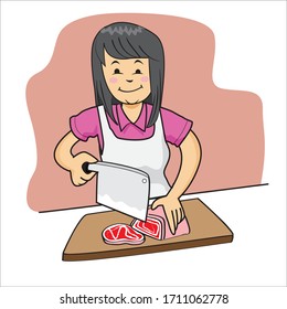 Woman is cooking natural healthy food. A Female Butcher Slicing Meat. cartoon vector illustration