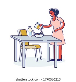 Woman cooking oatmeal for breakfast. African american girl preparing muesli or granola with milk in morning food. Healthy breakfast and nutrition concept. Linear vector illustration