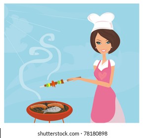 Woman cooking on a grill