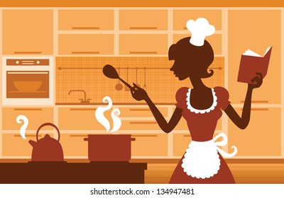 Woman cooking in the orange kitchen