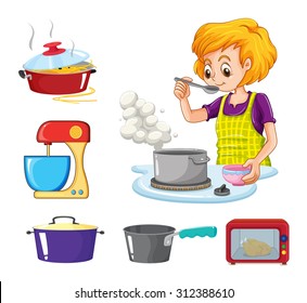 Woman cooking and other equipment illustration