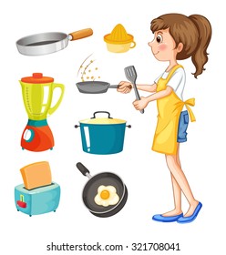 Woman cooking and other kitchen objects illustration