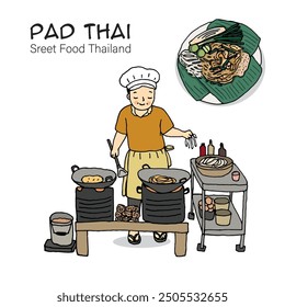 woman cooking Pad Thai, street food in Thailand. Hand drawn style vector illustration.