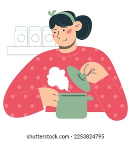 Woman cooking in a pan. Flat vector minimalist illustrations with kitchen staff, cooking and food