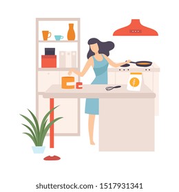 Woman is cooking in a pan. Vector illustration.