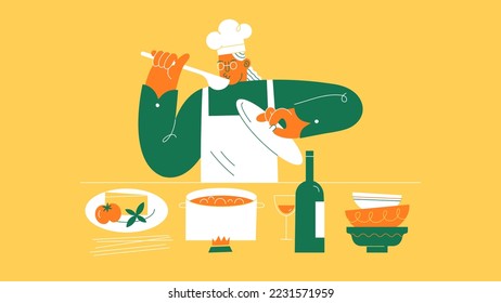 Mujer cocinando pasta en la cocina. Ilustración del vector