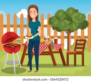woman cooking in picnic day scene