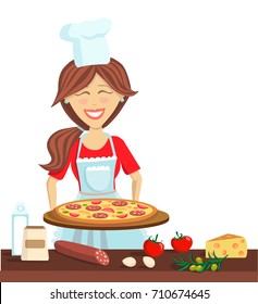 Woman cooking a pizza. Culinary vector illustration in modern flat style. Happy girl in an apron and chef hat at kitchen table with food and pizza ingredients. Isolated character on white background.