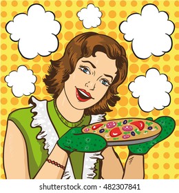 Woman cooking pizza at home. Vector illustration in retro comic pop art style.