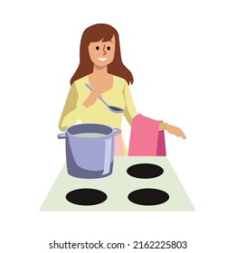 Woman Cooking In Pot On Electric Stove, Flat Cartoon Vector Illustration Isolated On White Background. Woman Preparing Food Using Soup Kitchen Pot Or Saucepan.