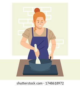 Woman cooking and preparing food flat style vector illustration