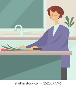 Woman cooking and preparing meal. Housewife cutting, slicing vegetables on board with knife at the kitchen island countertop. Household chore, daily routine. Flat vector illustration.