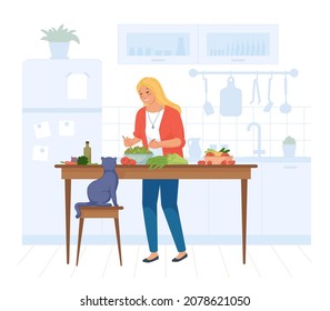 Woman cooking salad. Housewife cook eat home, vegan food, diet lunch, healthy meal, preparation kitchen table, isolated vector illustration. Housewife kitchen cooking or preparation healthy salad