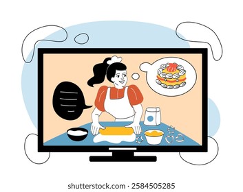 Woman in a cooking show rolling dough on a table, thinking of a dessert, displayed on a TV screen. Concept of online culinary tutorials