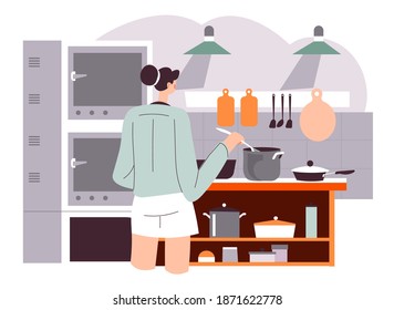 Woman cooking soup or exquisite food in restaurant or diner. Female character stirring boiling dish. Preparing meals at work, making breakfast or dinner at home for family. Vector in flat style