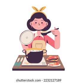 woman cooking a soup icon isolated