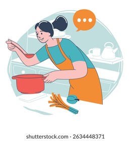 Woman cooking soup in kitchen, modern flat vector illustration