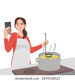 woman cooking soup at kitchen with online recipe on cellphone. Smiling modern mother preparing food using cookbook or application on mobile. Flat vector illustration isolated on white background