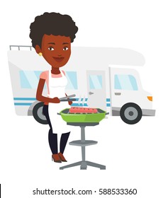 Woman cooking steak on the barbecue grill on the background of camper van. Young woman travelling by camper van and having barbecue party. Vector flat design illustration isolated on white background.