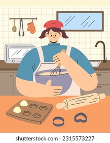 Mujer cocinando postre dulce en la cocina de casa. Niña preparando la masa en el bol. Proceso de Cocina, hornear pan y galletas. Ilustración vectorial con estilo de dibujos animados planos.