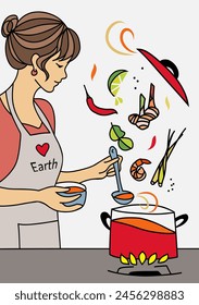 A woman cooking Thai Tom yum or spicy sour soup with shrimps. A vector illustration of a woman cooking Thai spicy Tomyam Soup with some fresh ingredients and herbs flying over the pot ready to be cook