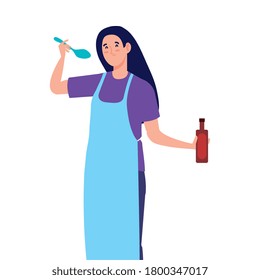 woman cooking using apron with spoon and bottle wine, on white background vector illustration design