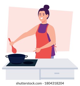 woman cooking using apron with stove, and supplies kitchen vector illustration design