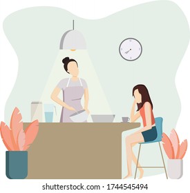 A woman is cooking while chatting with her daughter. a mother listens to her child talk while cooking. Cooking and chatting Vector illustration.