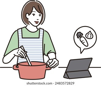 A woman cooking while looking at a recipe on a tablet