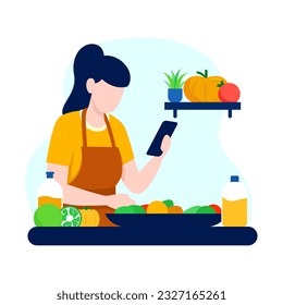 cocina de la mujer mientras se observan los tutoriales en el teléfono, concepto de tutorial culinario digital virtual