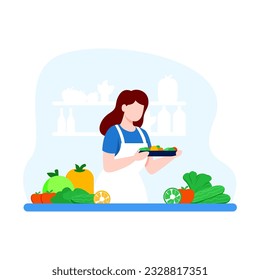 woman cooking while looking at tutorials on phone, Virtual digital culinary tutorial concept