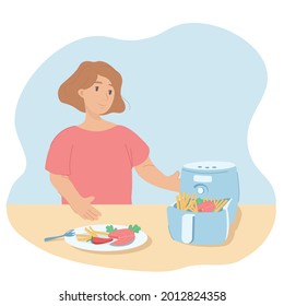 Woman cooks food with air fryer. Air fryer is an appliances for making healthy food without oil. Illustration of cooking device with french fries, fish, vegetables.