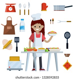 Woman cooks in kitchen. Set of objects for cooking. Knife, spoon, fork, scales, pan, glove, dough, apron, toaster, bottle of milk. Cook in cafe and restaurant. Cartoon flat illustration.  