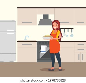 A woman cooks in the kitchen. Vector illustration in flat style